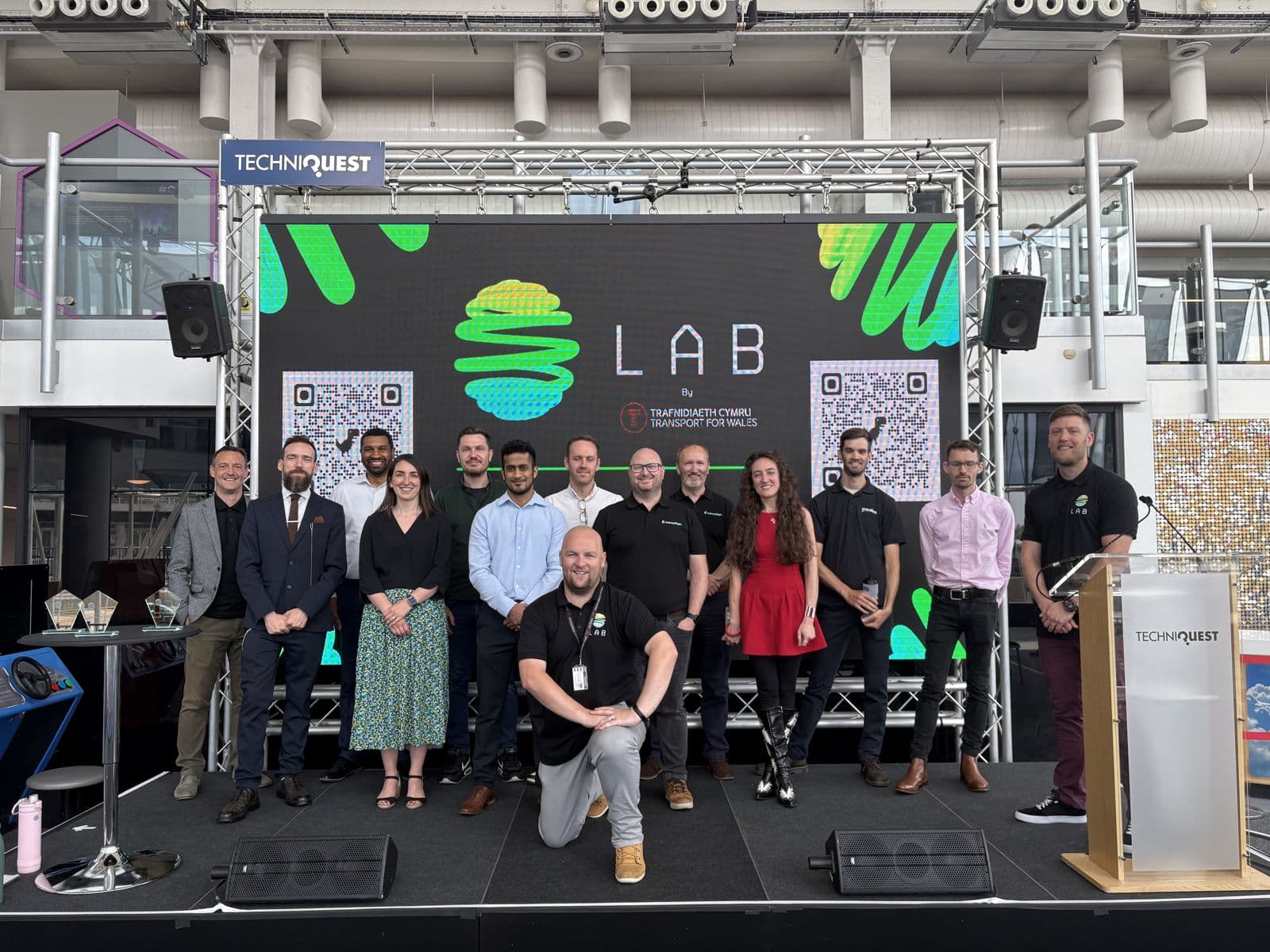 The LAB cohort group photo on stage at Techniquest