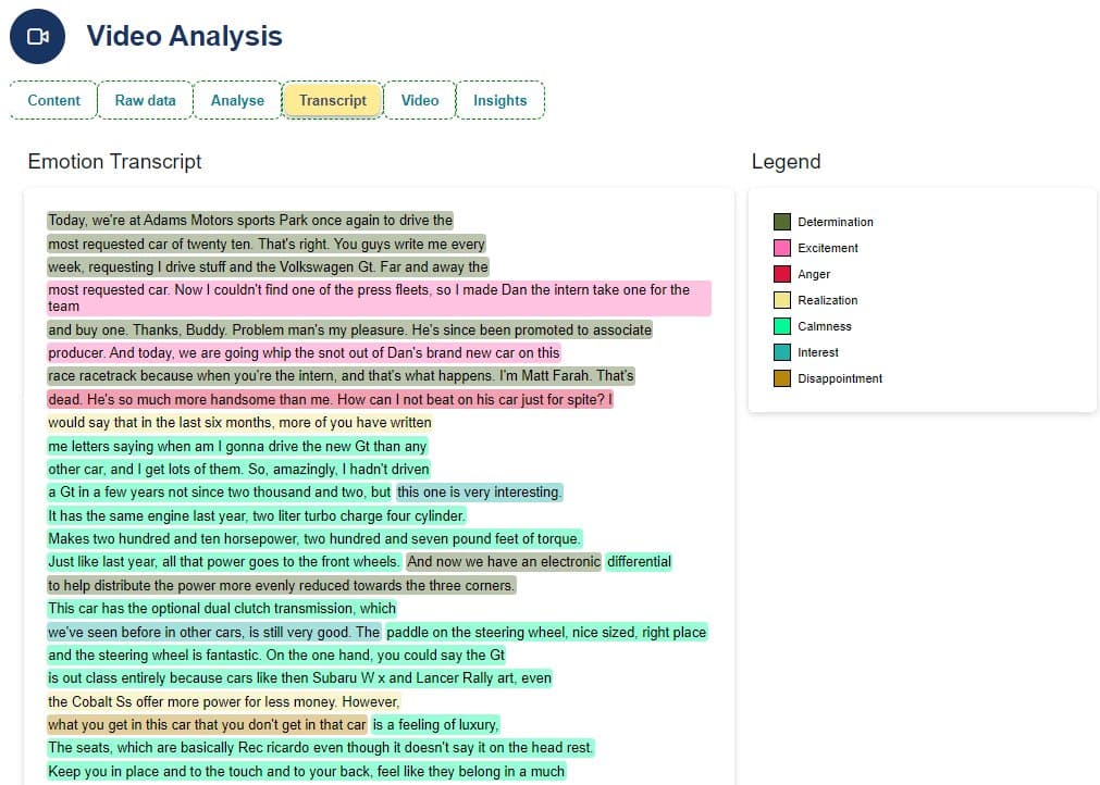 EchoDepth communication transcript — words colour-coded by credibility and engagement signal